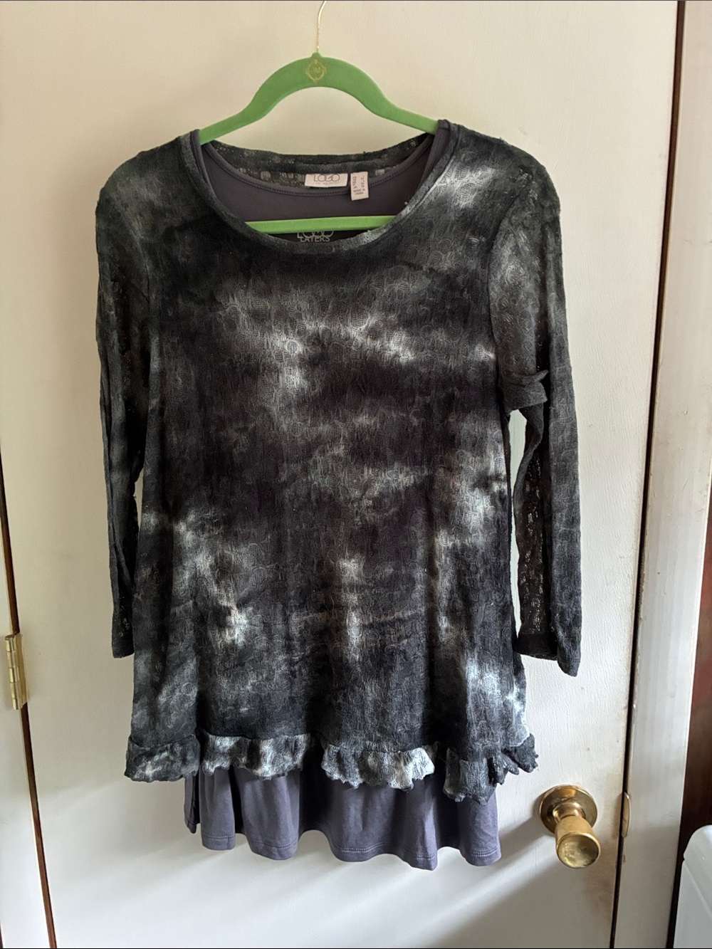 LOGO by Lori Goldstein Black & Gray Tie-Dye Layered Ruffle Hem Tunic